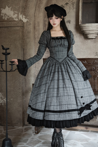 Plaid Fishbone Chest Jsk + Dress + Innerwear + Ribbon + Hat
