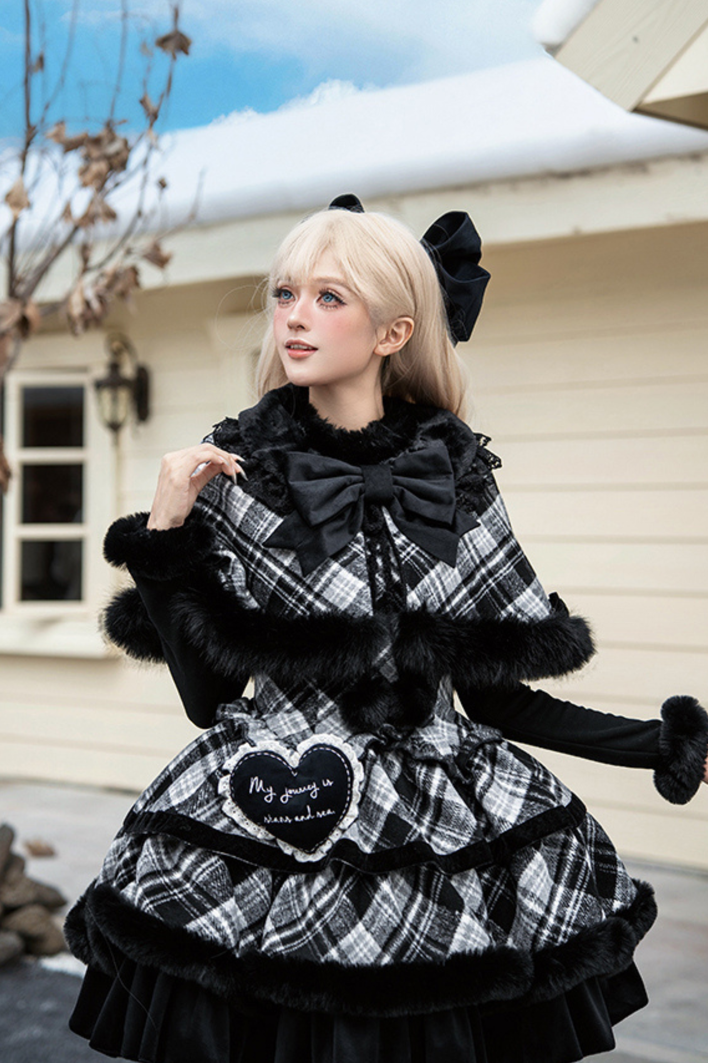 Checked Doll Jumper Skirt + Bow Brooch + Pin + Love Brooch + Shawl + Top + Leg Warmers