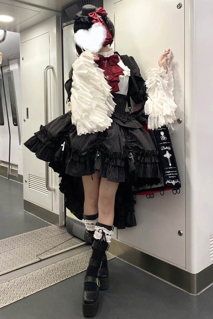 [pre-order Deadline: March 31] Cross Nocturne Gothic Dark Stripe Layered Top + Cross Rose Stripe Pull Up Skirt