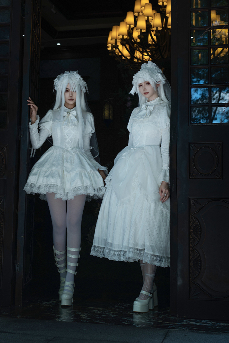 White Gothic Gemini Lolita Dress + Corset + Ribbon + Headband + Veil