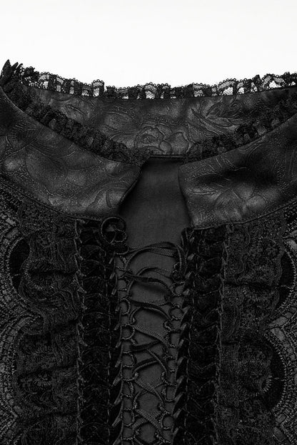 Black Stand Collar Long Sleeves Ruffle Embroidery Lace-up Plunging Rose Gothic Blouse