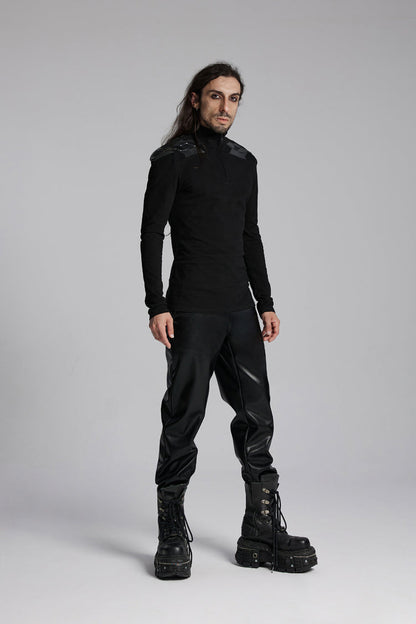 Black Stand Collar Long Sleeves Zip 3d Patch Print Punk T-shirt