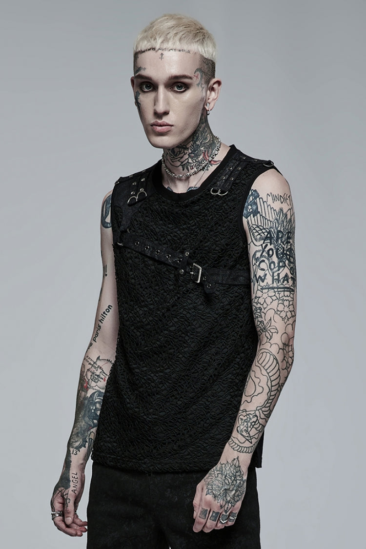 Black Sleeveless Stitching Mesh Buckle Steampunk Vest