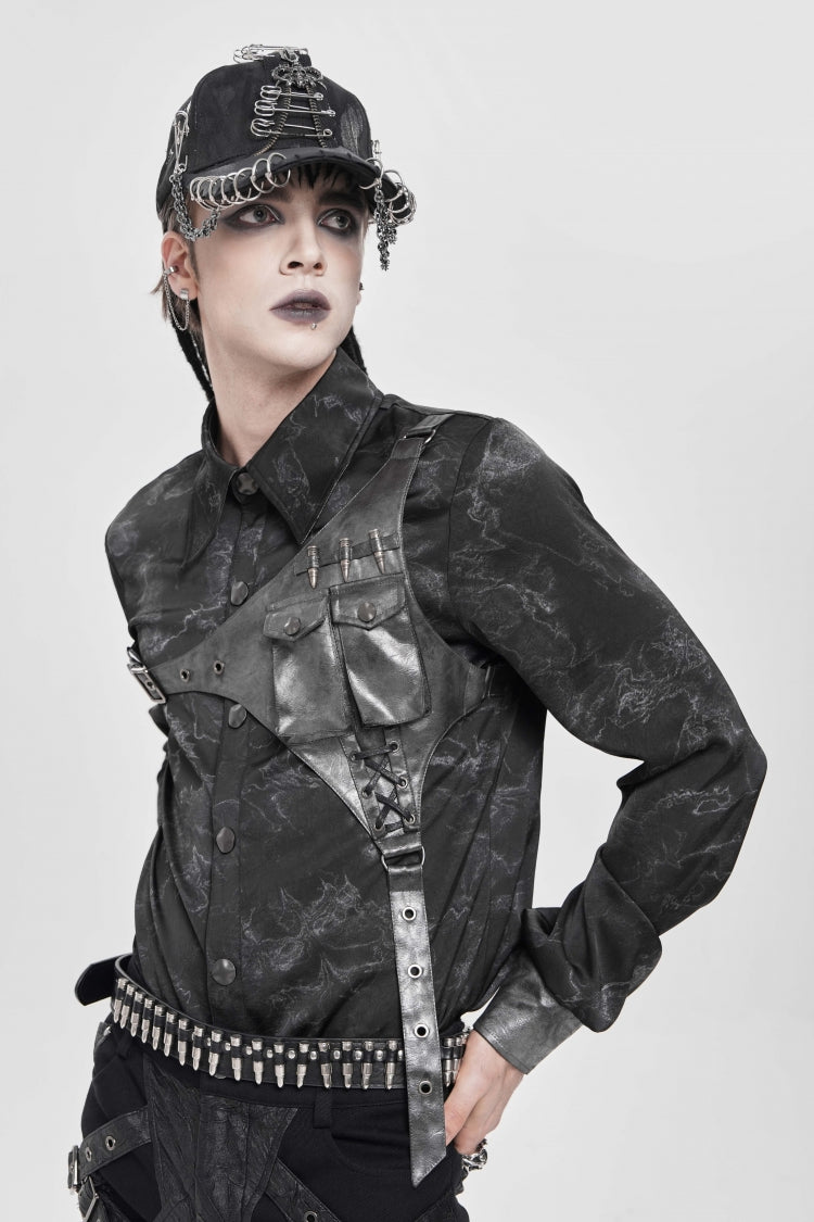 Black Long Sleeves Print Stitching Asymmetric Bullet Punk Blouse