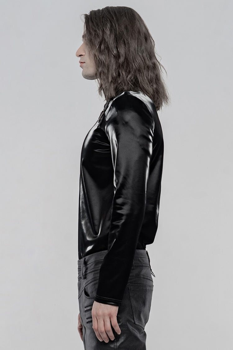 Black High Collar Long Sleeves Imitation Shark Skin Stitching Gothic T-shirt