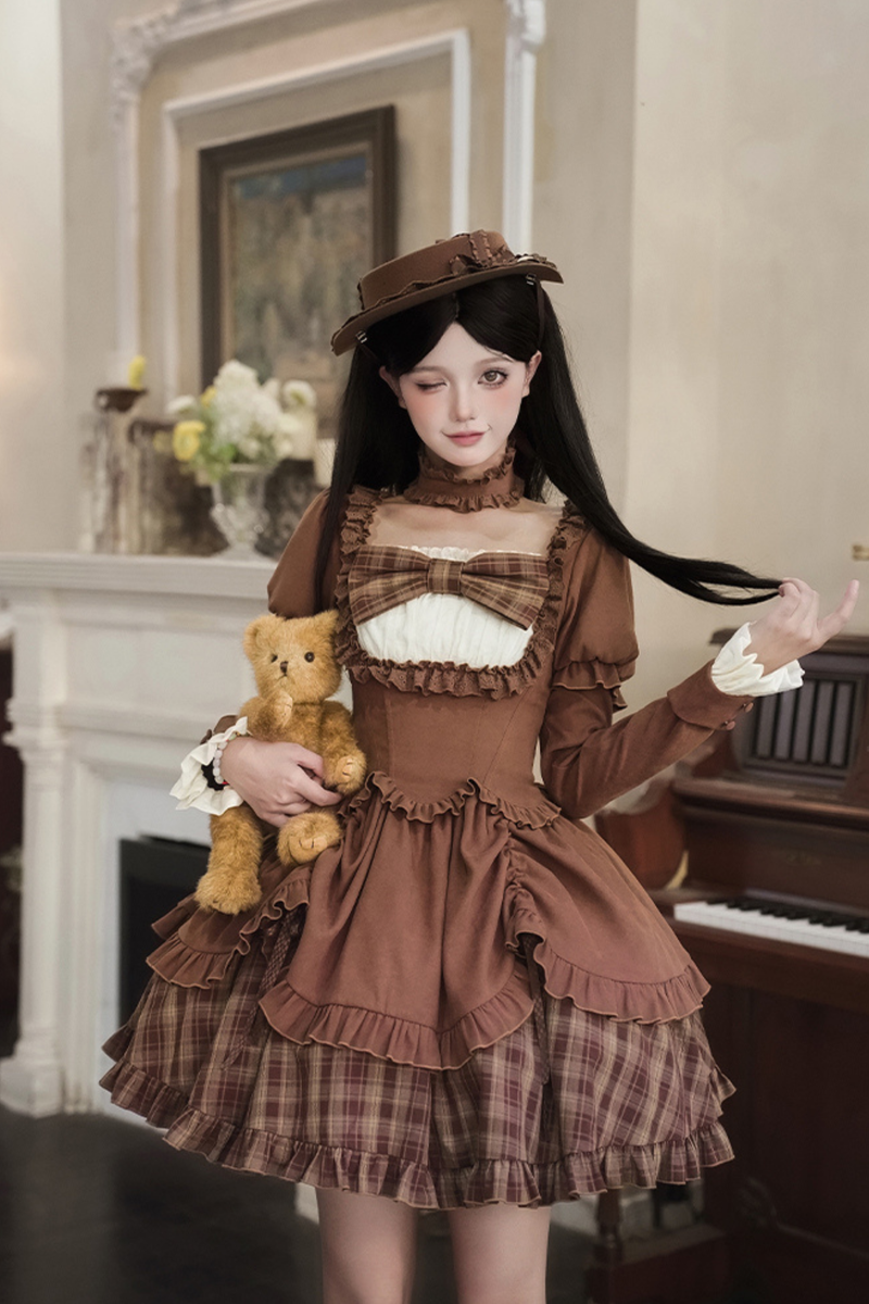 Sweet Checked Doll Dress + 2-way Ribbon + Bow + Hat