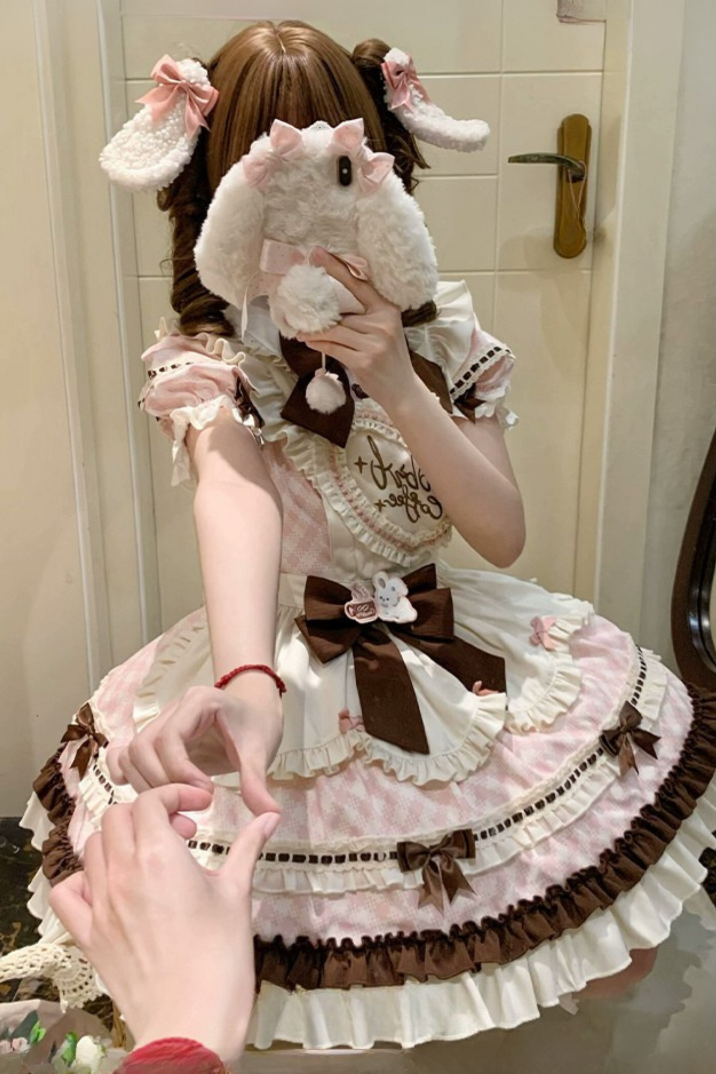 [pre-order] Bunny Ear Hair Clip + Pink Blue Sweet Maid Apron Dress