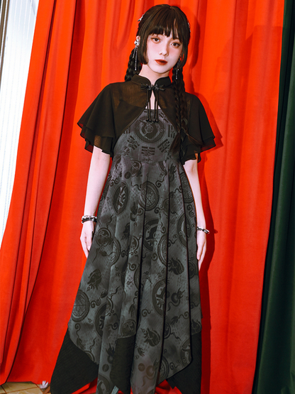 Dark Chinese-style Asymmetric Long Camisole Dress + Short Cardigan