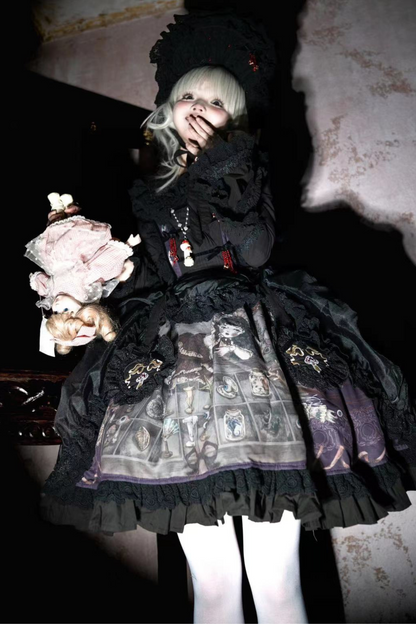 Ruffled Beaded Gothic Straps Printed Dress