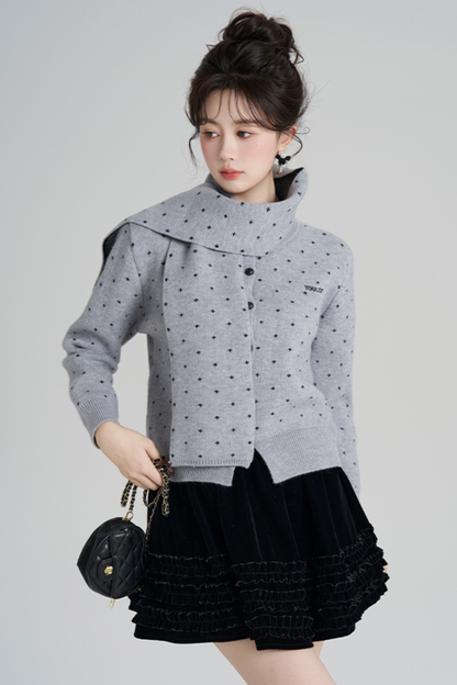 French Style Dotted Cardigan With Scarf