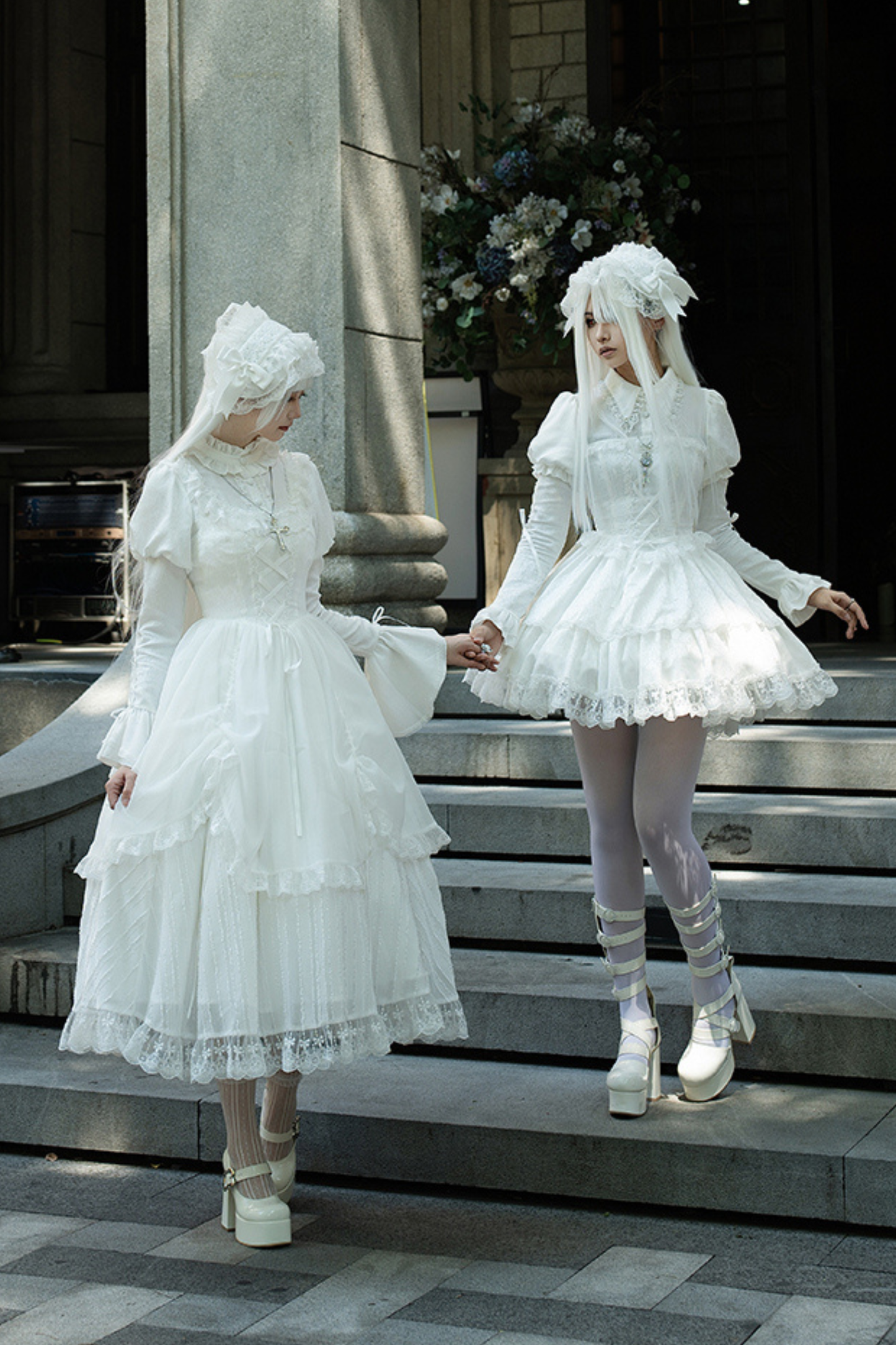 White Gothic Gemini Lolita Dress + Corset + Ribbon + Headband + Veil