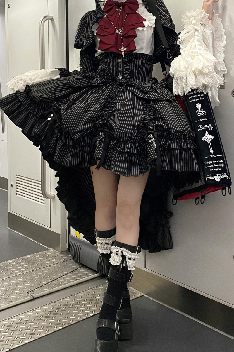 [pre-order Deadline: March 31] Cross Nocturne Gothic Dark Stripe Layered Top + Cross Rose Stripe Pull Up Skirt
