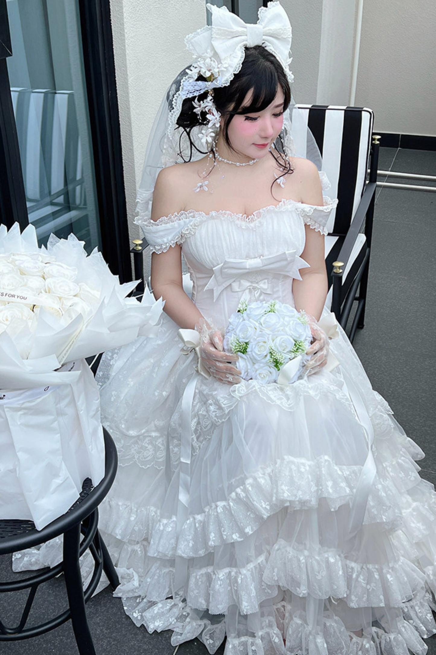 Pure Bridal Lolita Dress + Veil + Waist Belt
