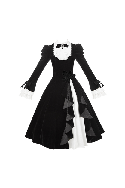 Slim Contrast Color Twin Dress + Collar + Bow + Brooch + Hat