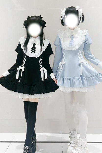 Lace-up Ribbon Lolita Dress + Brooch + Hair Clip