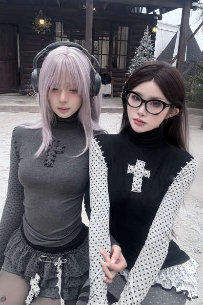 Cross Dot Turtleneck Top + Skirt + Pendant
