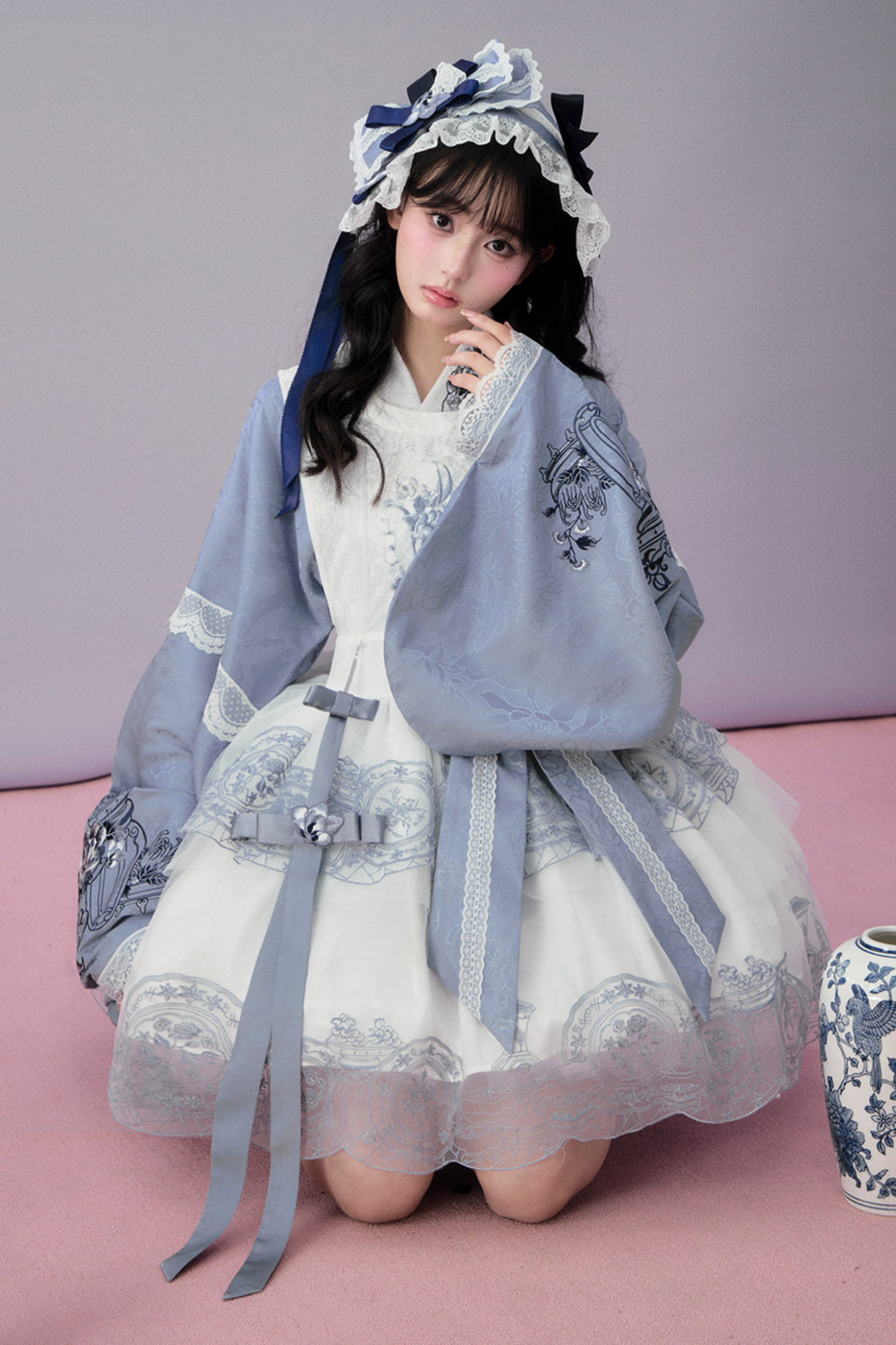 Chinese-style Jacket + Skirt + Overskirt + Ribbon + Brooch + Headband