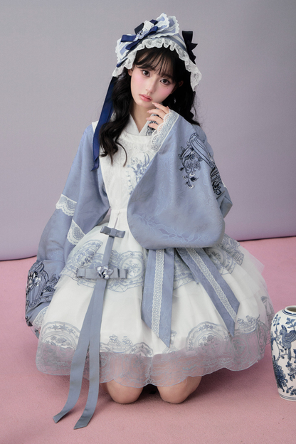 Chinese-style Jacket + Skirt + Overskirt + Ribbon + Brooch + Headband