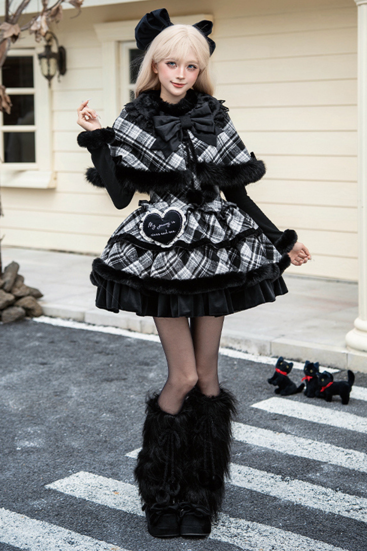 Checked Doll Jumper Skirt + Bow Brooch + Pin + Love Brooch + Shawl + Top + Leg Warmers