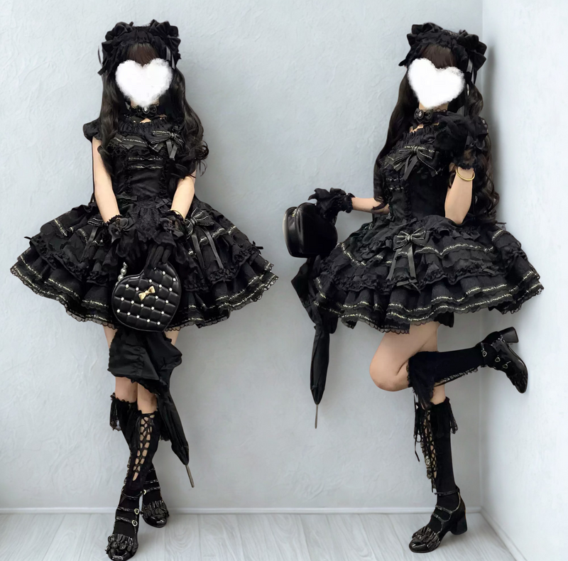 Tricolor Dark Gothic Ribbon Dress + Accessories