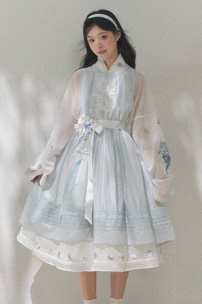 Pure White Chinese Dress + Cover Apron + Belt