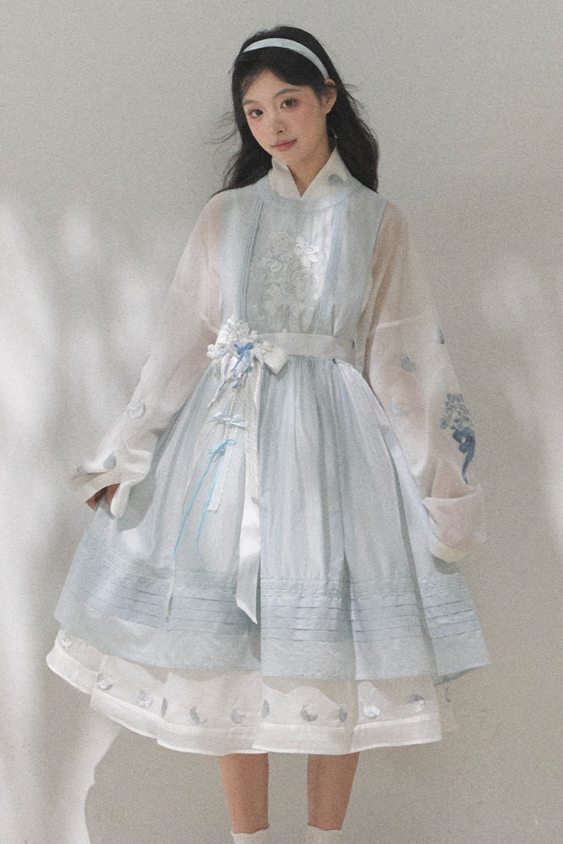 Pure White Chinese Dress + Cover Apron + Belt