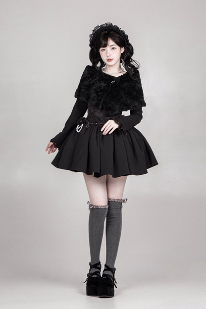 [pre-order] Dark Sweet Lolita Dress + Faux Collar + Necklace + Jacket + Ribbon + Sleeve + Fur Shawl
