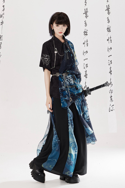 Dark Chinese-style Shirt + Wide Leg Pants + Chain + Belt