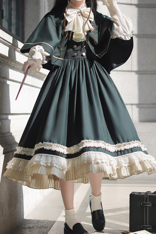 [pre-order] Retro Academia Jumper Skirt + Striped Shirt + Hooded Cape + Short Jacket + Collar + Brooch