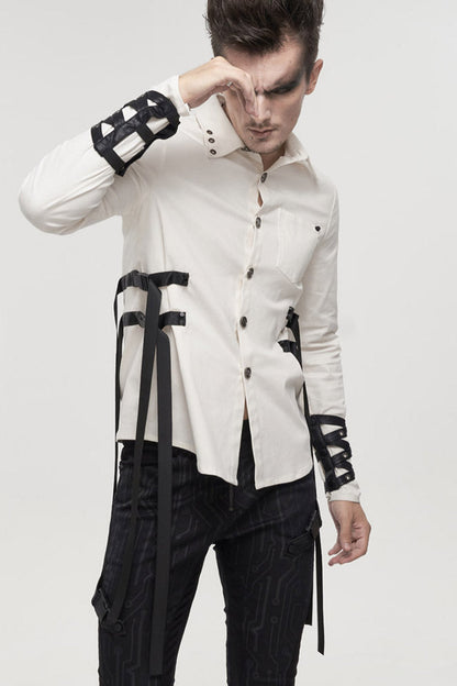 White Punk Nylon Strap Metal Buckle Decoration Long Sleeve Elasticity Thick Shirt