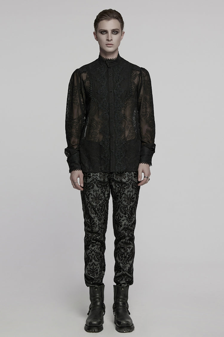 Black Stand Collar Chiffon Long Sleeves Hollow Embroidery Gothic Blouse