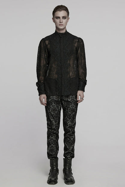 Black Stand Collar Chiffon Long Sleeves Hollow Embroidery Gothic Blouse