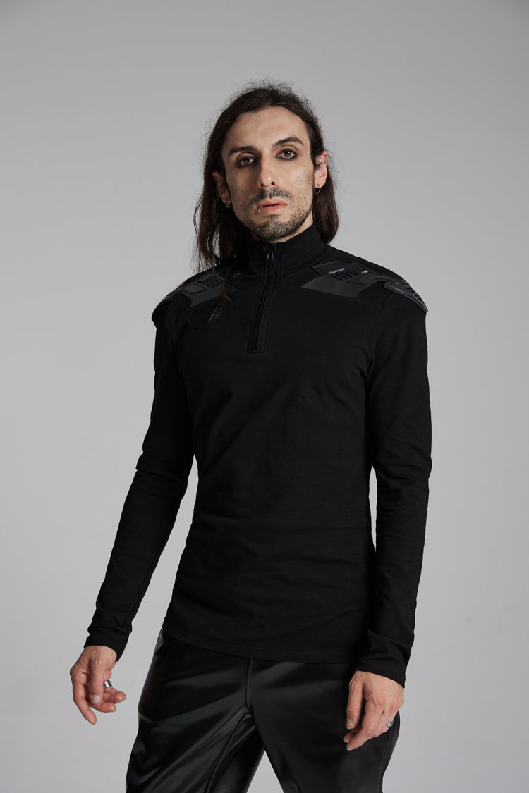 Black Stand Collar Long Sleeves Zip 3d Patch Print Punk T-shirt