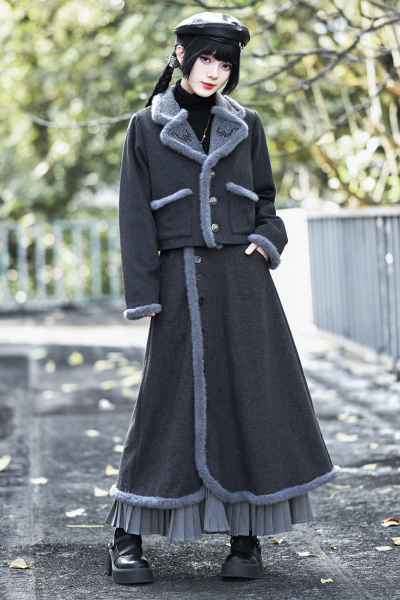 Retro Mode Faux Fur Short Jacket + Skirt