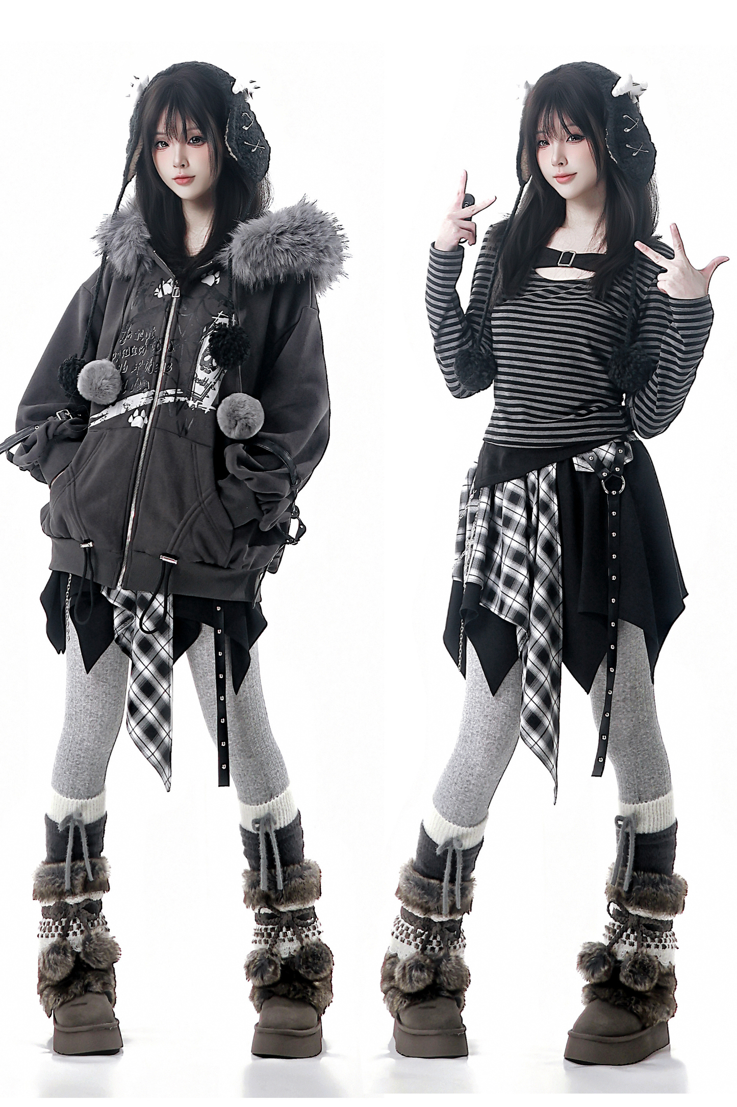 Fur Ball Fur Hooded Jacket + Top + Skirt