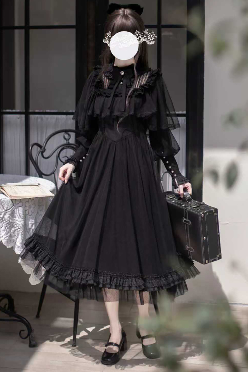 Dark Black Dot Gauze Shawl Dress