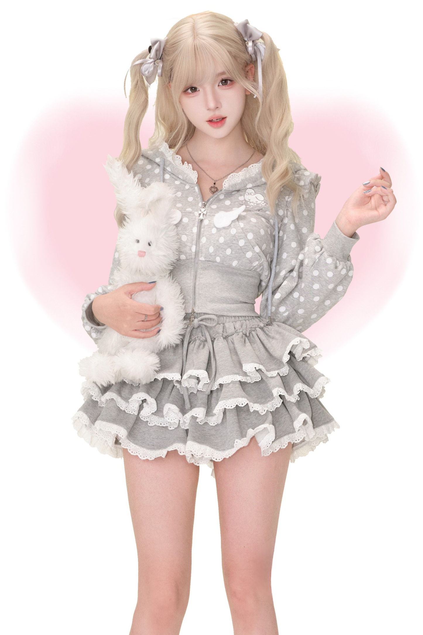 Dot Bunny Hooded Hoodie + Tiered Skirt
