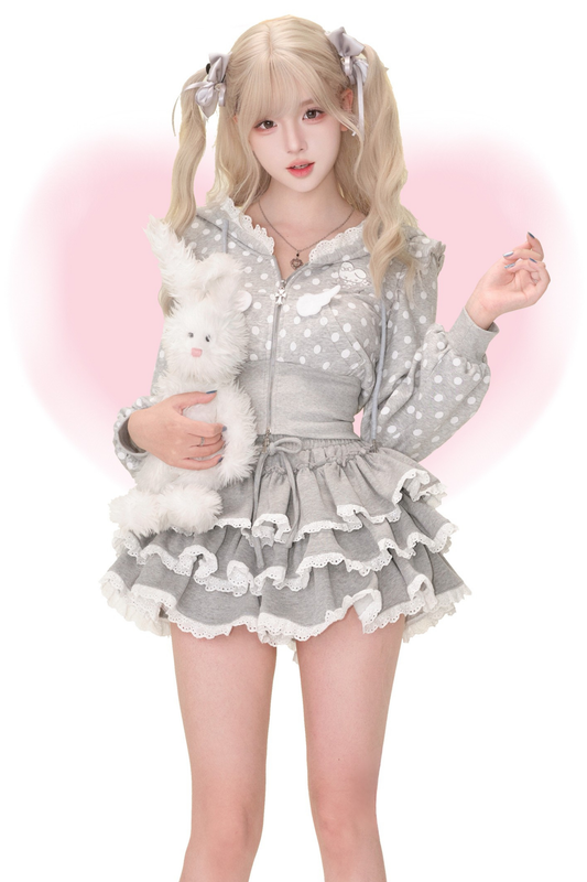 Dot Bunny Hooded Hoodie + Tiered Skirt