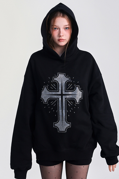 Big Cross Design Loose Hooded Sweatshirt
