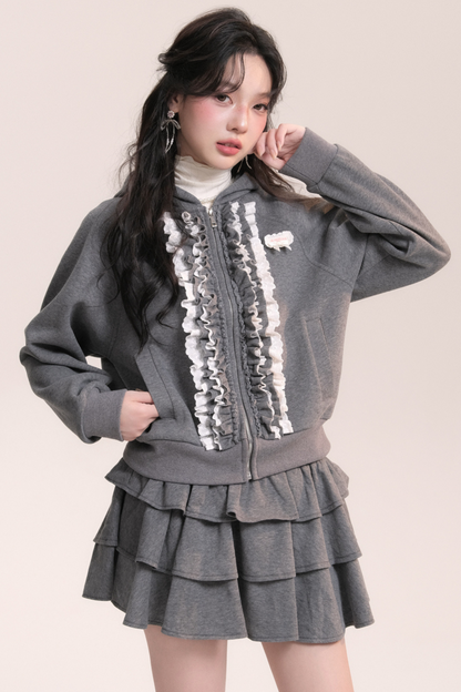 Ballet Lace Sweatshirt Hooded Jacket + Tiered Skirt