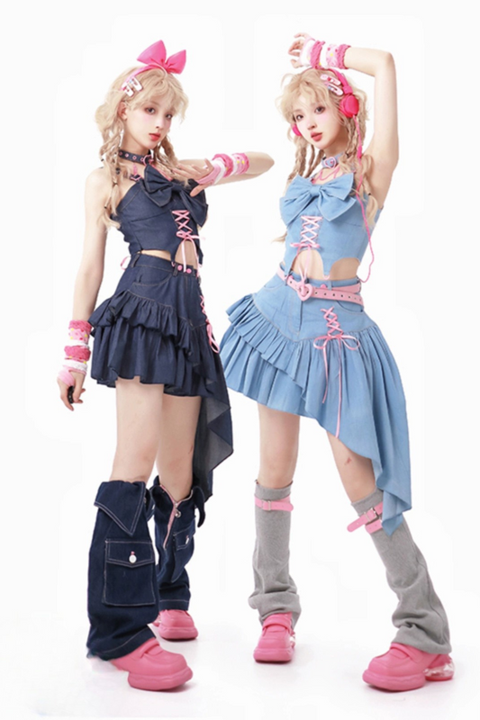 Y2k Denim Lace-up Top + Asymmetrical Ruffle Skirt