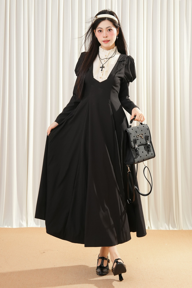 Dark Maid Puff Sleeve Long Dress