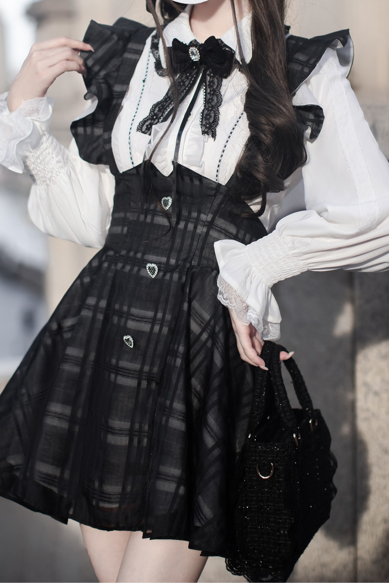 Ruffle Plaid Short Suspender Skirt + Shirt + Ribbon