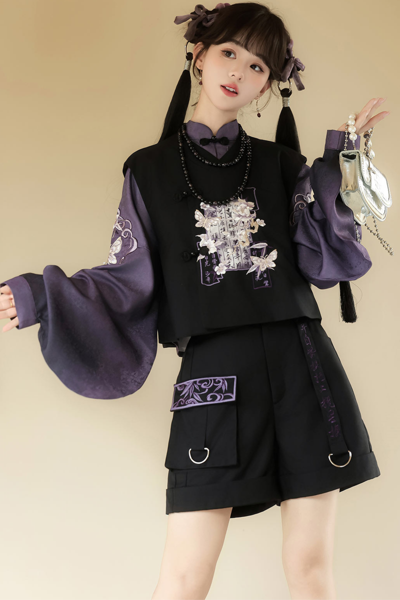 Dark Chinese-style Top + Vest + Shorts + Necklace