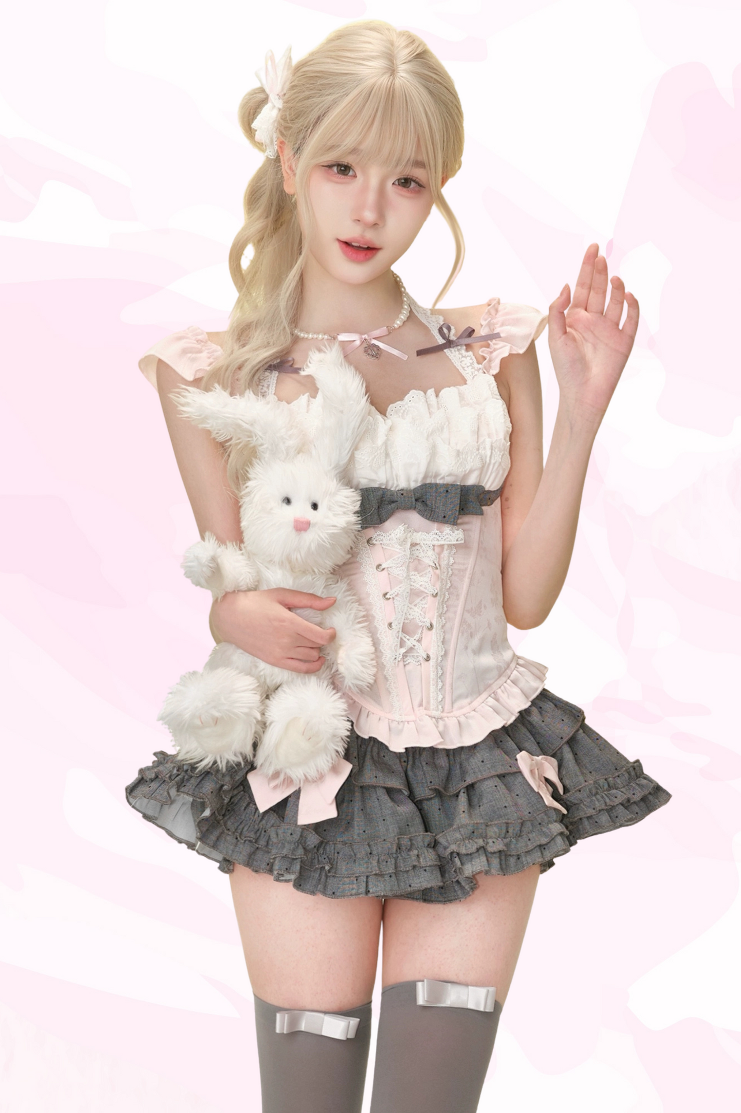 Peach Pink Corset Top + Polka Dot Tiered Skirt