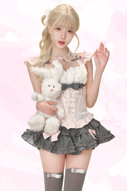 Peach Pink Corset Top + Polka Dot Tiered Skirt