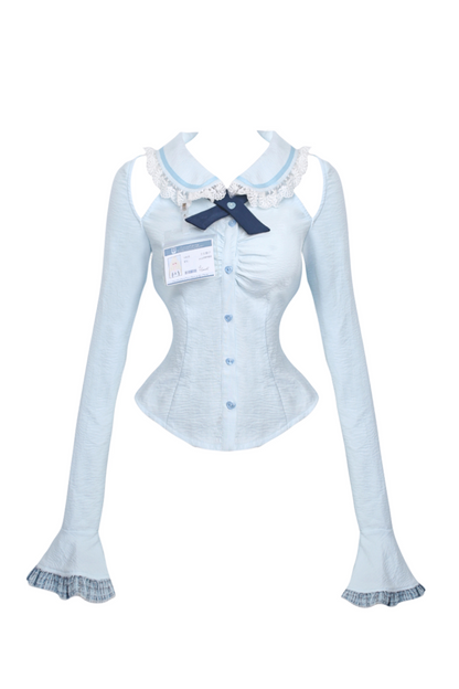 Ice Blue Shirt + Halter Neck Vest + Plaid Skirt
