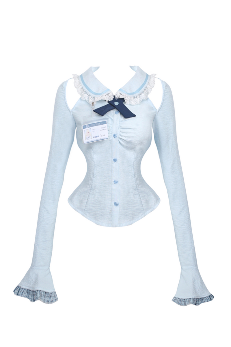 Ice Blue Shirt + Halter Neck Vest + Plaid Skirt