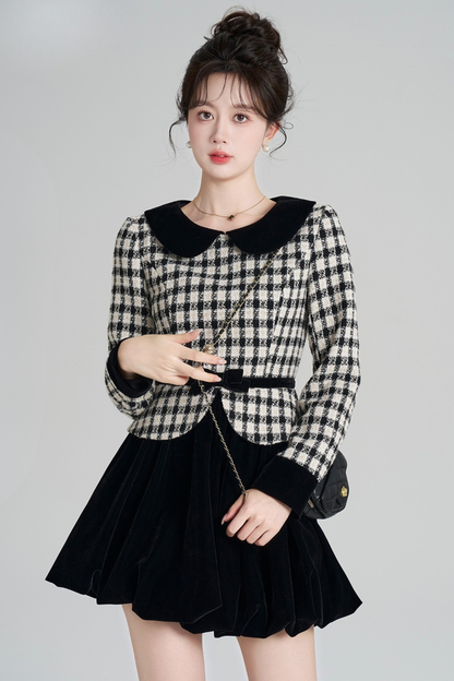 Velvet Monochrome Plaid Dress