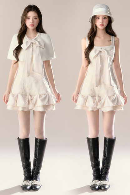 Ruffle Girly Pure Sleeveless Dress + Ribbon Cape